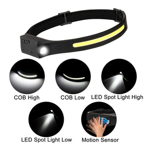 Headlamp Flashlight, Rechargeable LED Headlamps 1200Lumens 2 COB 230°Wide Beam Headlight with Motion Sensor Bright 5 Modes Lightweight Waterproof Head Lamp for Outdoor Running, Camping Hiking